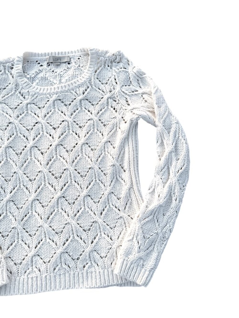 LOFT Cream Cable Knit Openwork Pointelle Sweater Off White Crew Neck - Picture 7 of 16